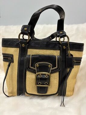 Coach Black and Natural Tote with Buckle Front Pocket